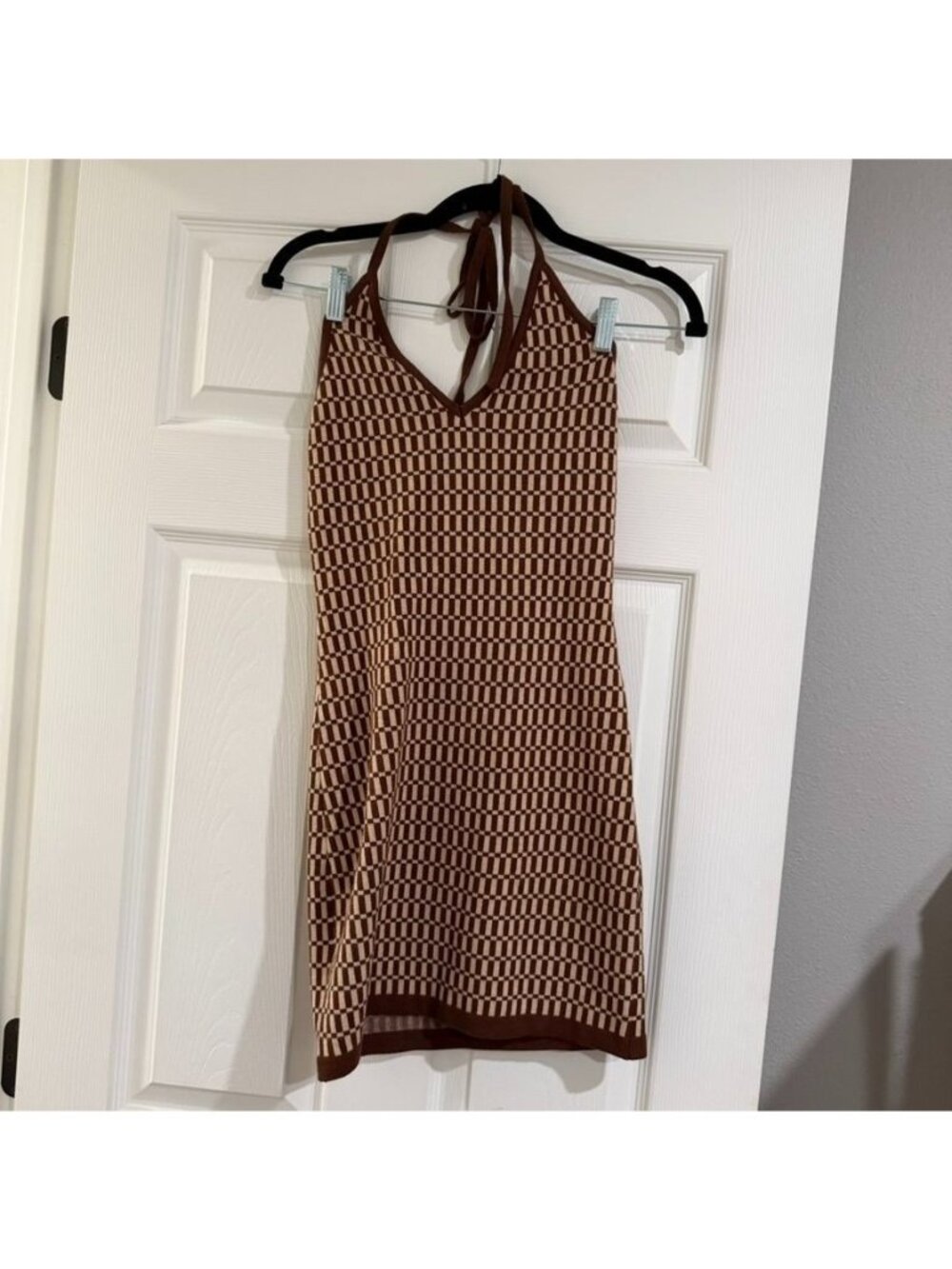 Brown Cream Checkered Soft Knit Halter Mini Dress Size Small NWT